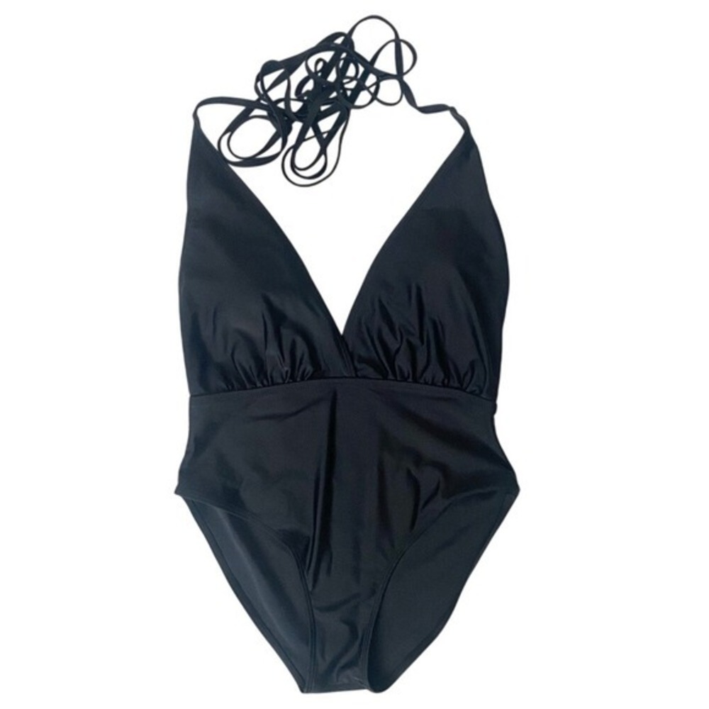 Black Plunge V-neck‎ One-Piece Swimsuit Womens Size L